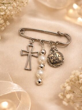 Silver Cross and Pearl Charm Safety Pin Brooch - 'Be Still and Know'